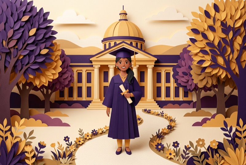 Papercraft-Illustration: Absolventin mit Urkunde vor einer Universität