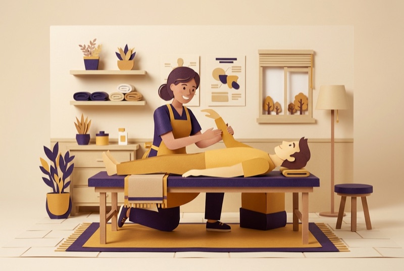 Papercraft-Illustration: Physiotherapeutin behandelt einen Patienten auf der Liege
