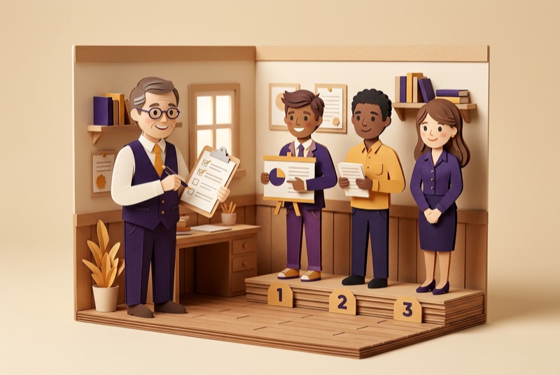 Papercraft-Illustration: Prüferin mit Klemmbrett vor drei Kandidaten