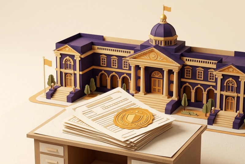 Papercraft-Illustration: gestempelte Dokumente vor einem Amtsgebäude