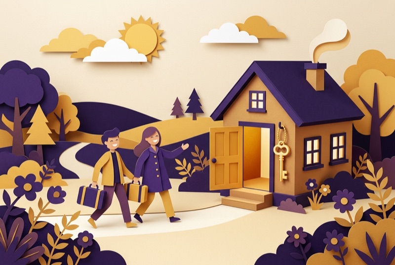Papercraft-Illustration: zwei Fachkräfte mit Koffern vor einem Haus mit Schlüssel