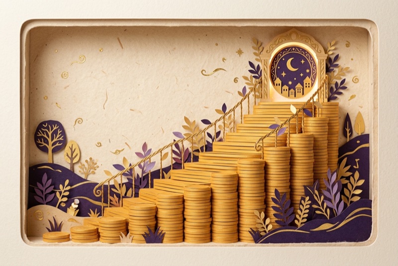 Papercraft-Illustration: Münztreppe in Etappen