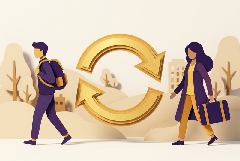 Papercraft-Illustration: zwei Figuren mit goldenen Wechselpfeilen