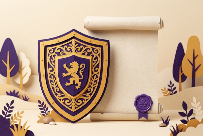 Papercraft-Illustration: goldenes Schild vor einem Vertragsdokument