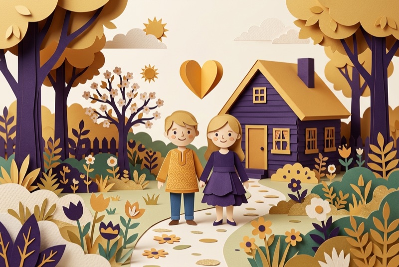 Papercraft-Illustration: zwei Figuren vor einem Haus mit goldenem Herz