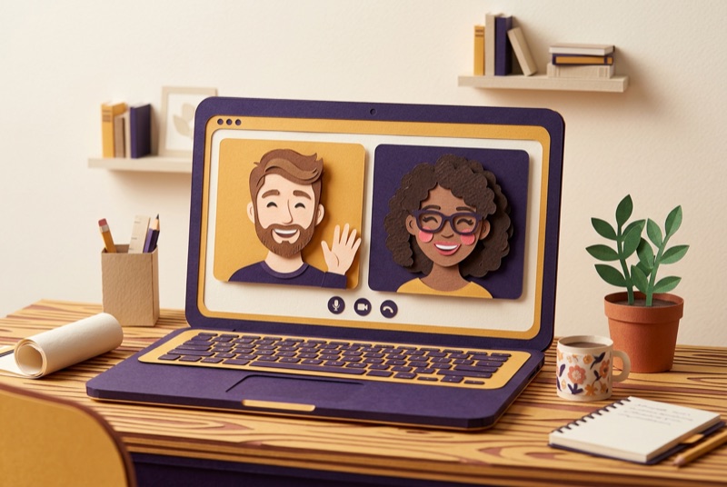 Papercraft-Illustration: Laptop mit Videogespräch zweier Personen
