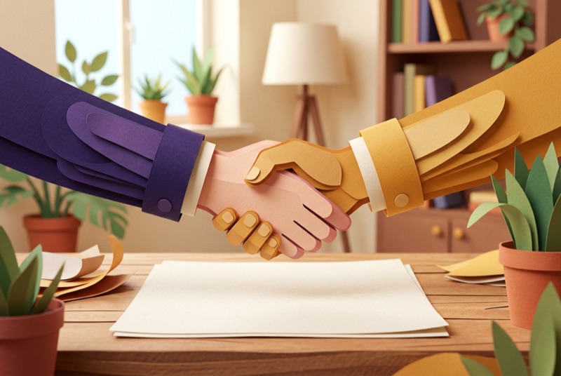 Papercraft-Illustration: Handschlag über einem Vertrag