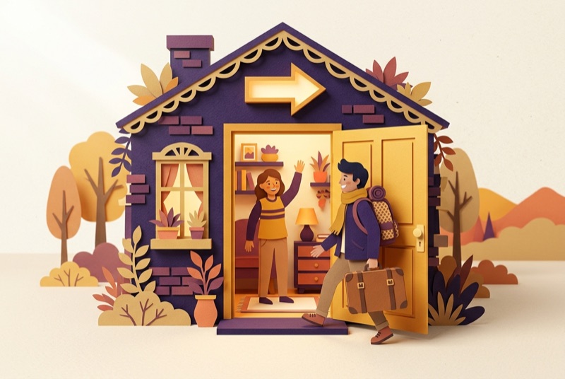 Papercraft-Illustration: neue Fachkraft kommt mit Koffer durch die offene Tür